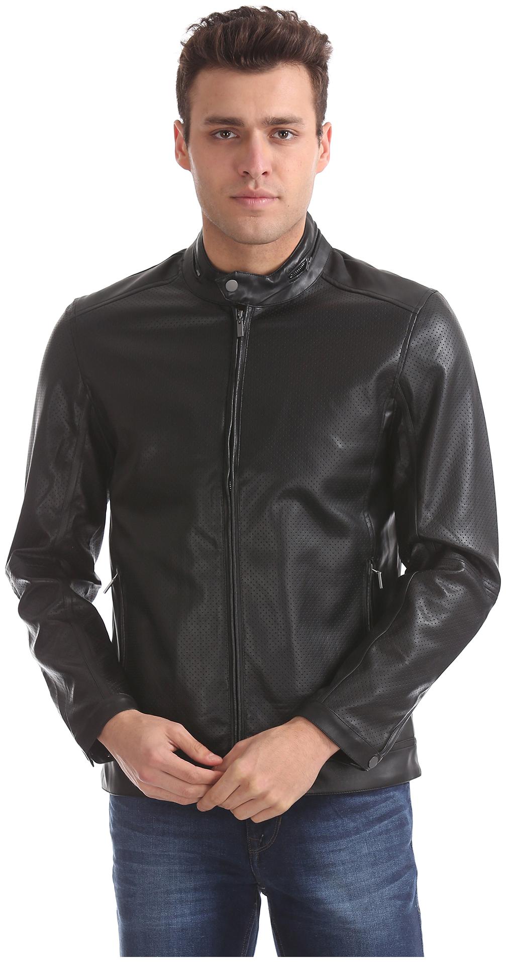 

Arrow Men Black Solid Biker jacket