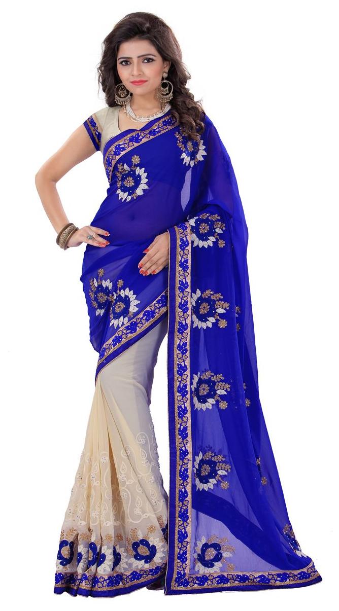 

ARSH IMPEX Blue and Cream Embroidery Work with Lace Border Fashion Georgette Sari