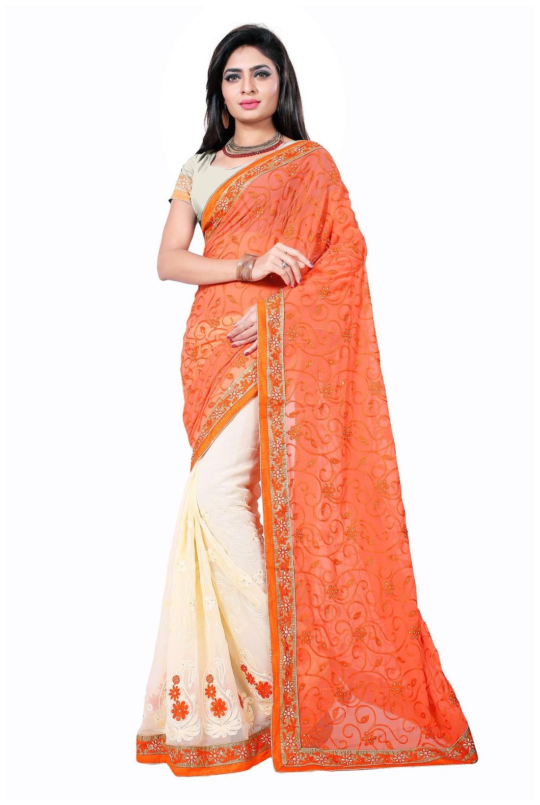 

ARSH IMPEX Orange Cream Embroidered Universal Half Half Saree With Blouse With blouse