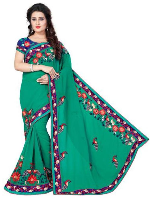 

ARSH IMPEX Green Embroidery Georgette Traditional Wear Women Saree With Blouse Piece