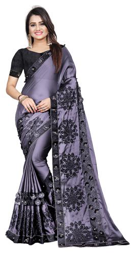 

ARSH IMPEX Grey Embroidered Universal Designer Saree With Blouse With blouse