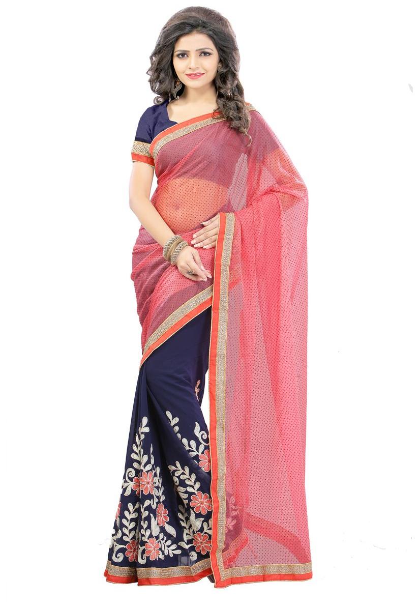 

ARSH IMPEX Pink and Blue Georgette Embroidered half half Saree