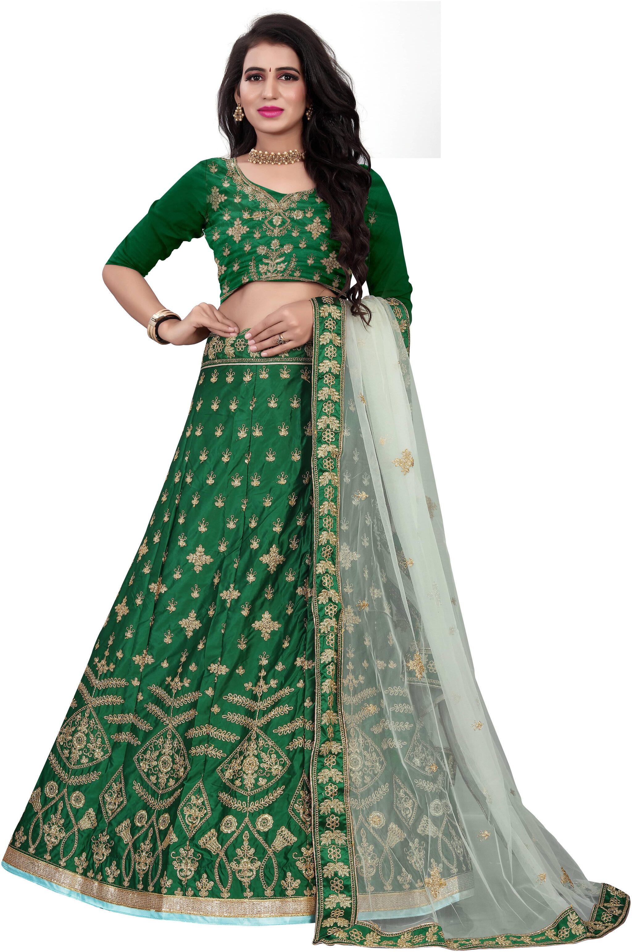 

Arya Dress Maker Women Silk Embroidered Green Lehenga Choli