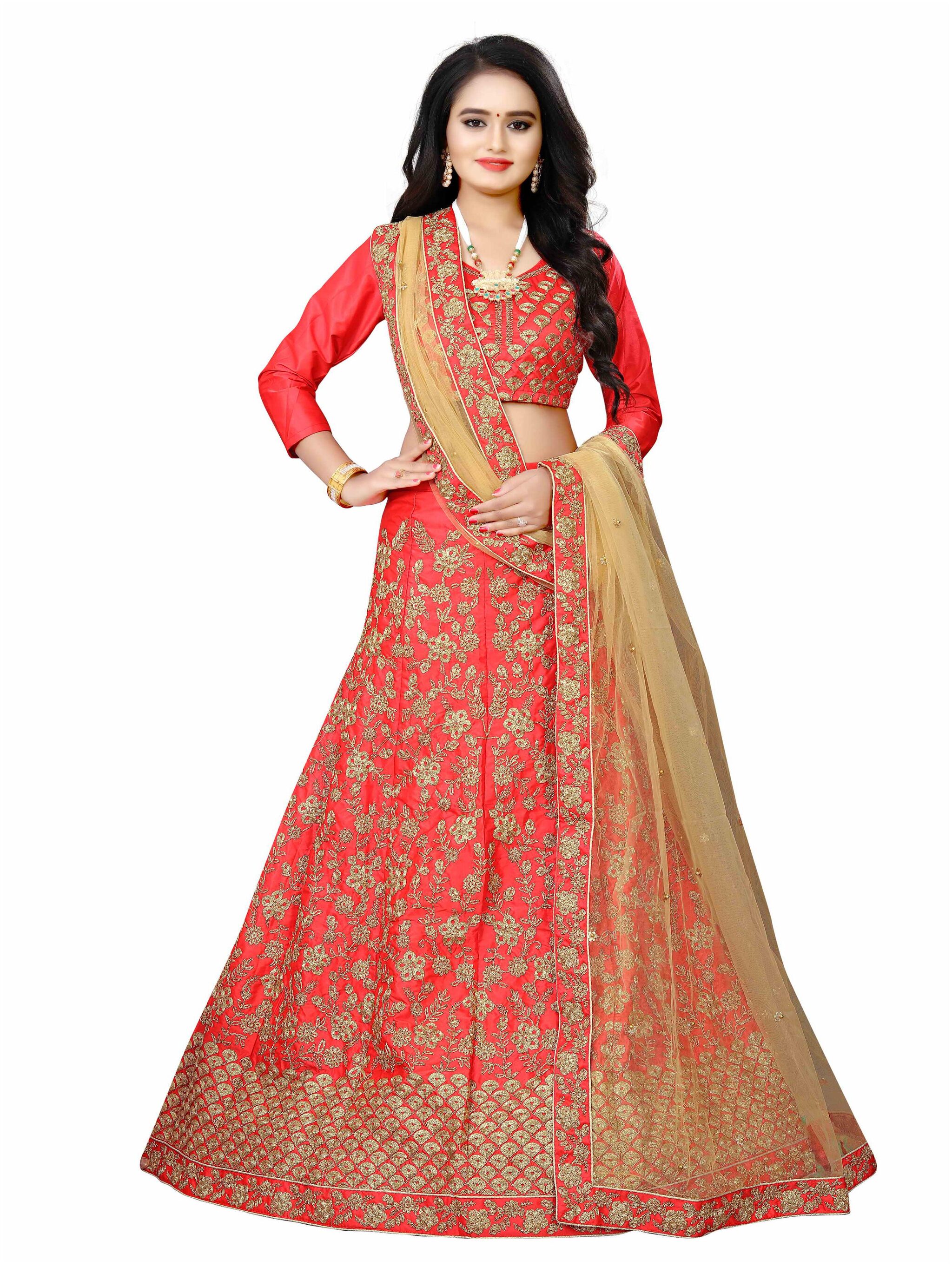 

Arya Dress Maker Women Satin Party Wear Lehengha Choli With Embrodariy Work (Red)