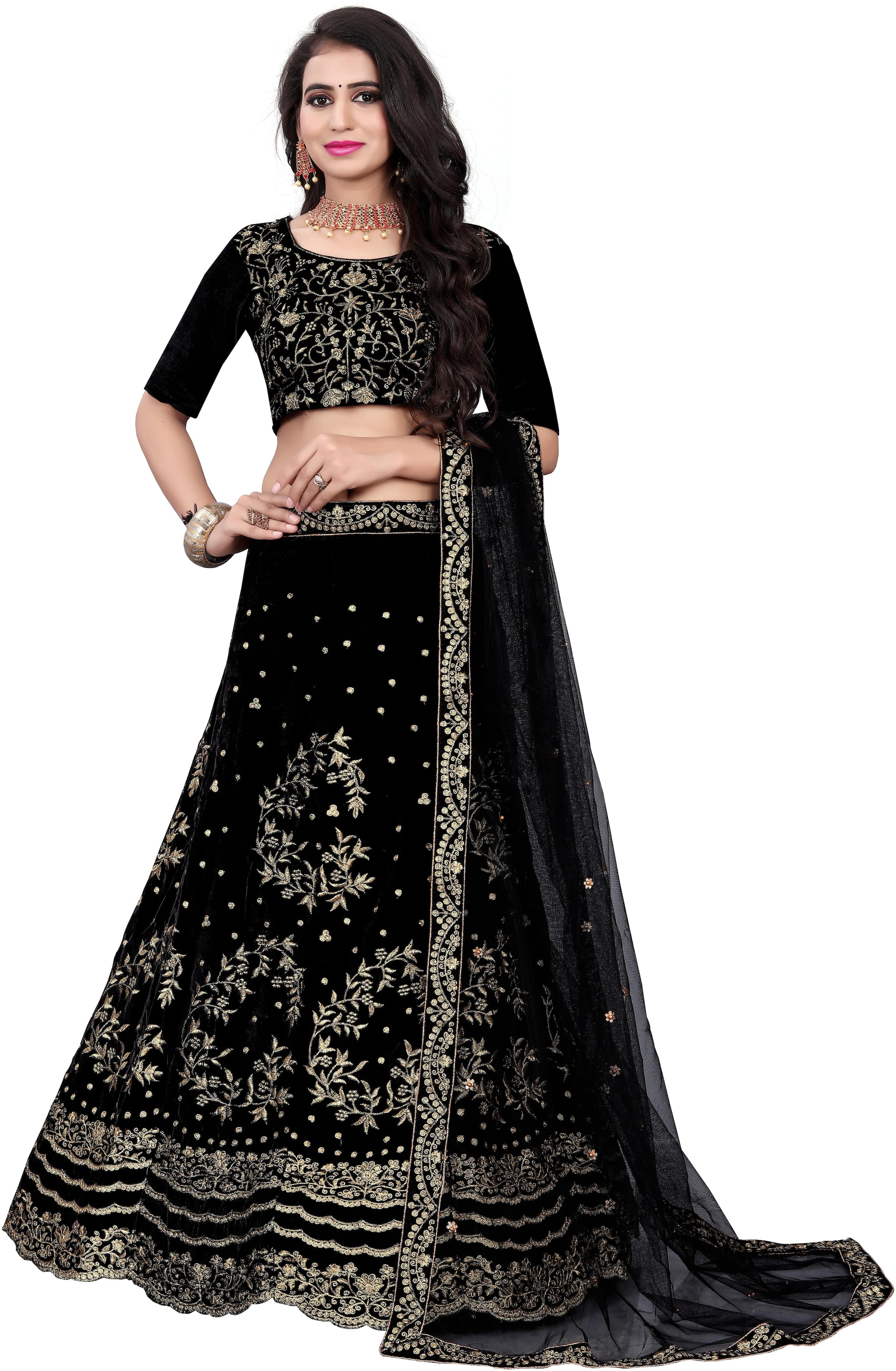 

Arya Dress Maker Women Velvet Embroidered Black Lehenga Choli