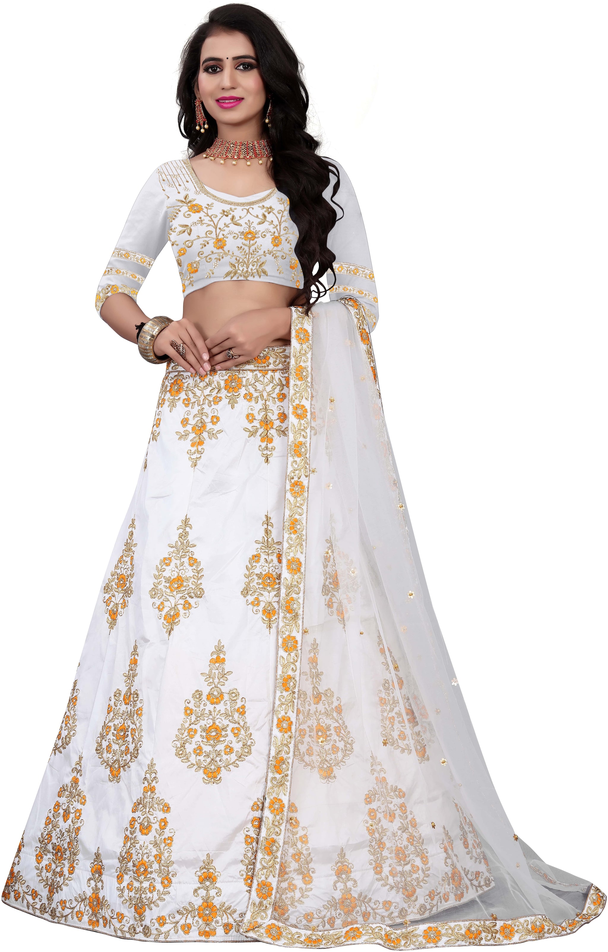 

Arya Dress Maker Women White Silk Embroidered Lehenga Choli