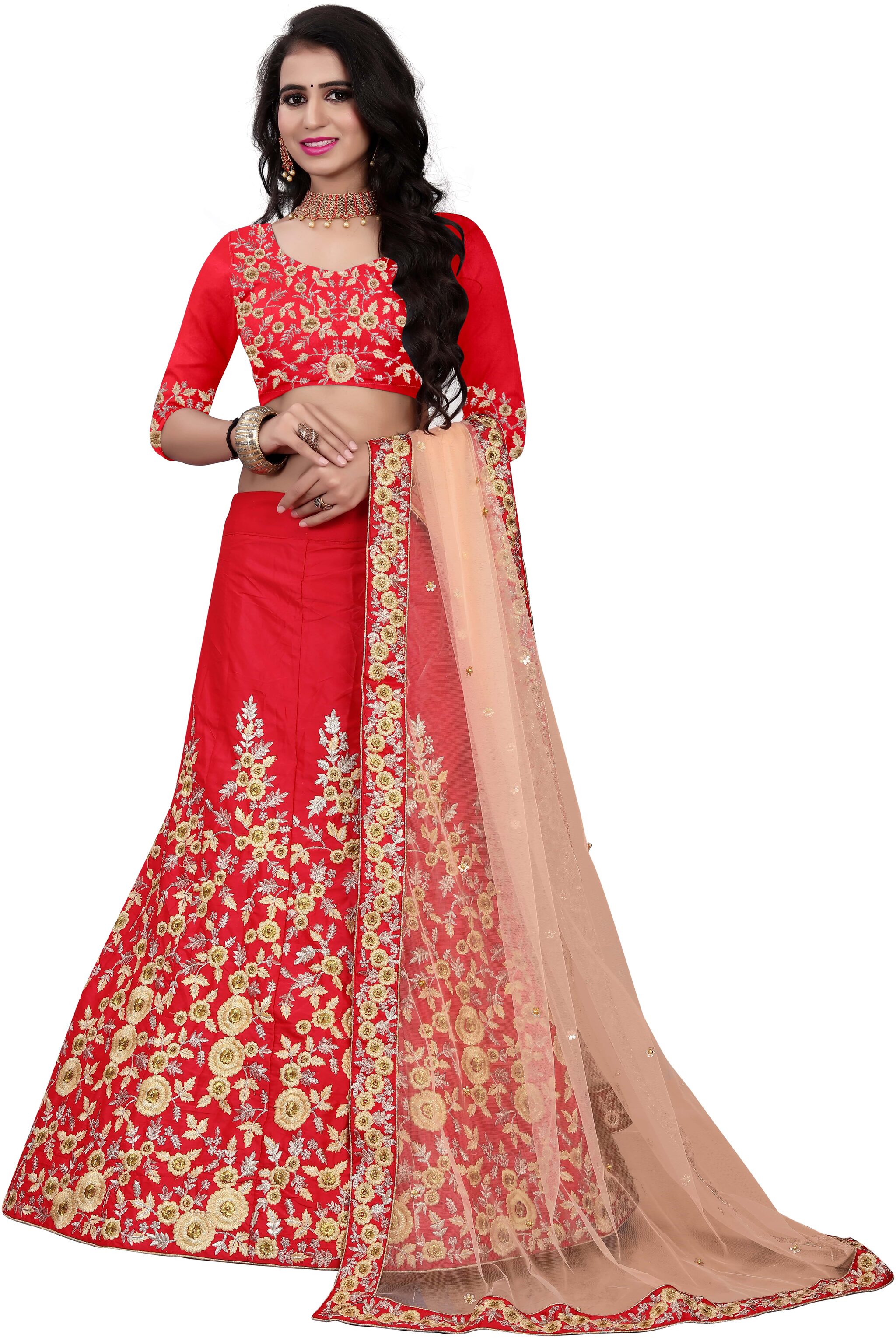 

Arya Dress Maker Women Red Satin Embroidered Lehenga Choli