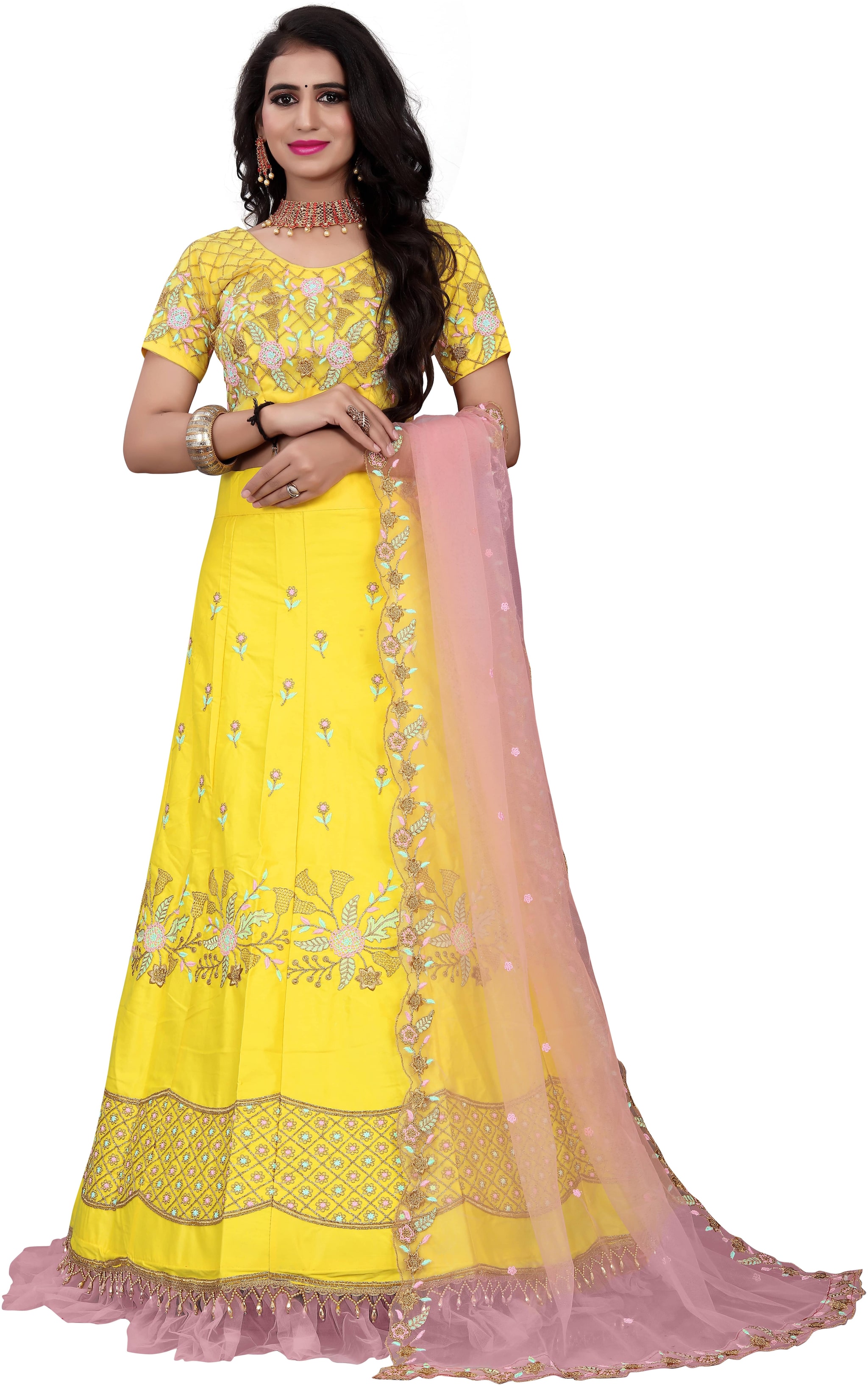 

Arya Dress Maker Women Silk Embroidered Yellow Lehenga Choli