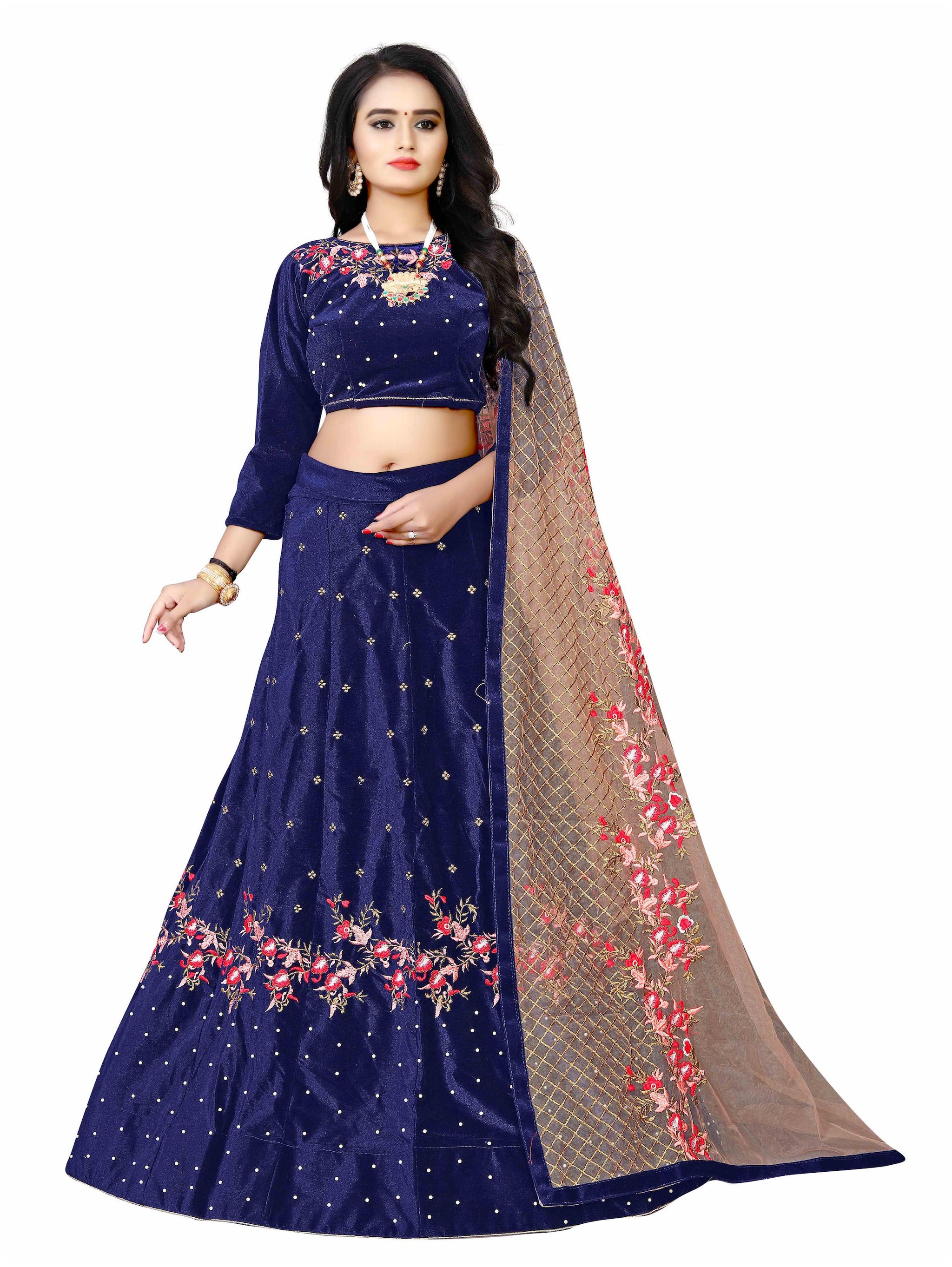 

Arya Dress Maker Women Velvet Party Wear Lehengha Choli With Embrodariy Work (Blue)