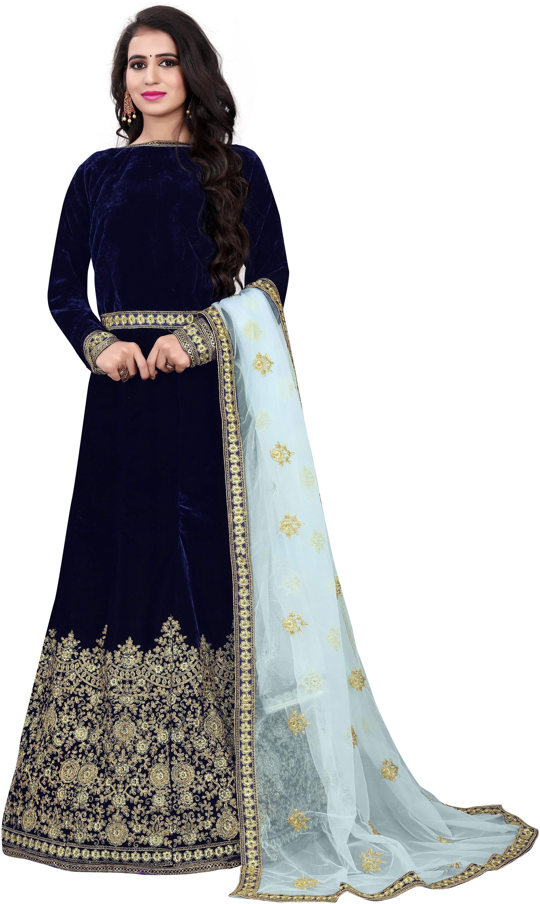 

Arya Dress Maker Women Velvet Embroidered Blue Lehenga Choli