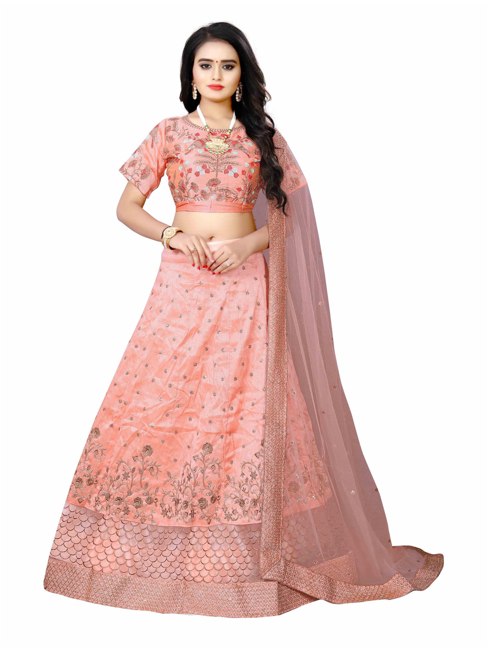 

Arya Dress Maker Women Silk Party Wear Lehengha Choli With Embrodariy Work (Pink)