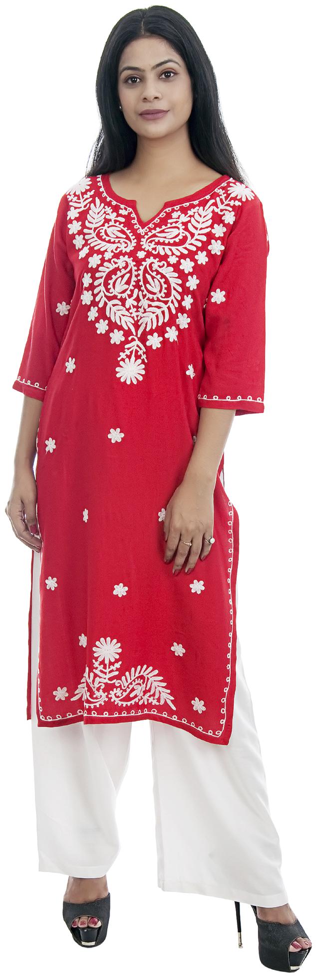

Ashvik Viscose Rayon Chikankari Red Kurti For Women