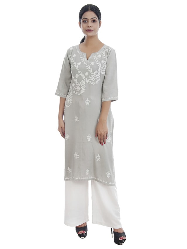 

Ashvik Women Grey Embroidered Straight Kurti