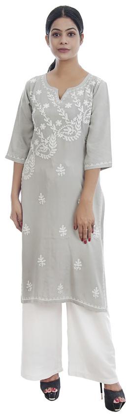 

Ashvik Women Grey Embroidered Straight Kurti