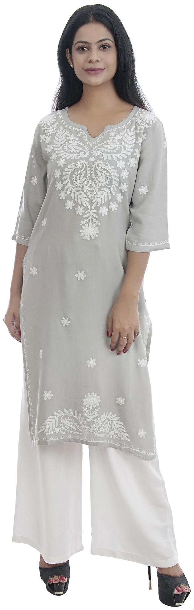 

Ashvik Viscose Rayon Chikankari Grey Kurti For Women