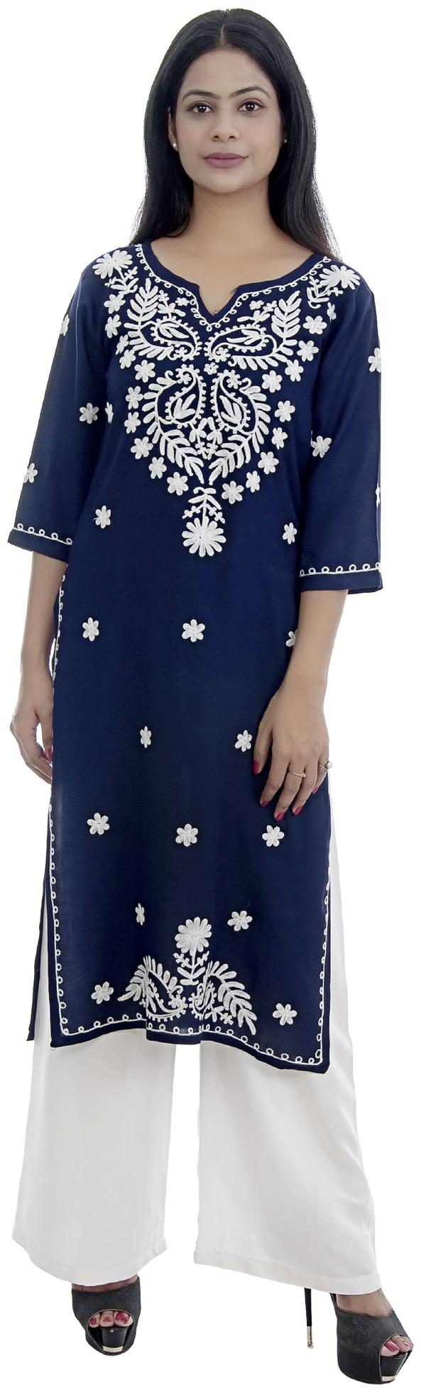 

Ashvik Viscose Rayon Chikankari Blue Kurti For Women