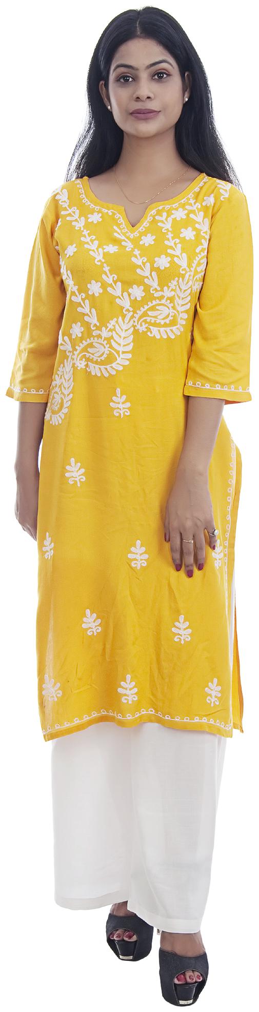 

Ashvik Women Yellow Embroidered Straight Kurti