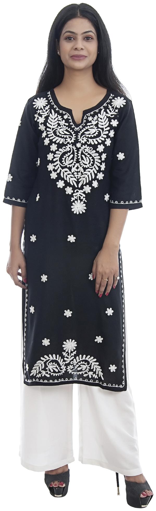 

Ashvik Viscose Rayon Chikankari Black Kurti For Women