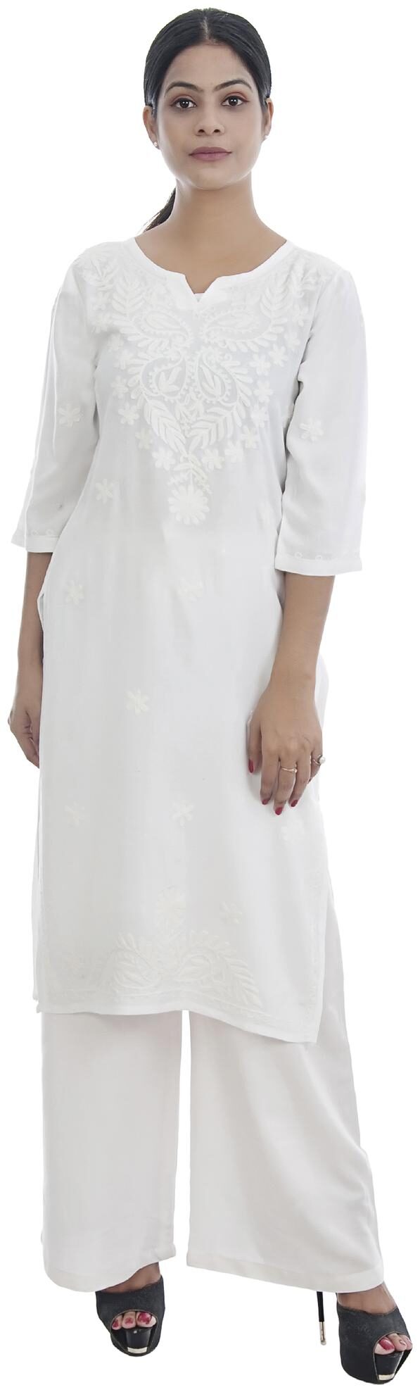 

Ashvik Viscose Rayon Chikankari White Kurti For Women