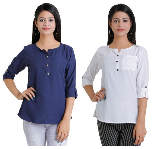 

Ashvik Women Crepe Solid Casual Roll-Up Sleeve Regular Top -Pack Of 2 (Navy Blue White)