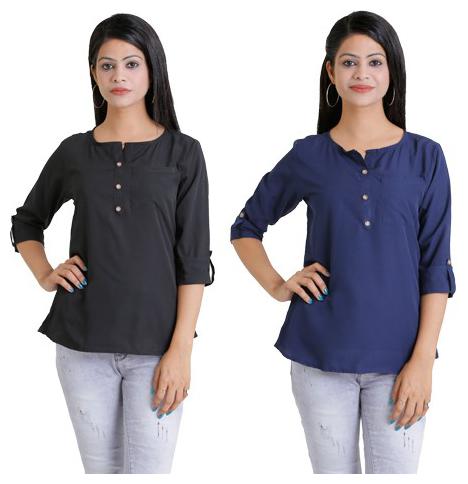 

Ashvik Women Crepe Solid Casual Roll-Up Sleeve Regular Top -Pack Of 2 (Black Navy Blue)