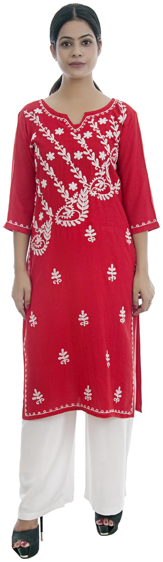

Ashvik Women Red Embroidered Straight Kurti