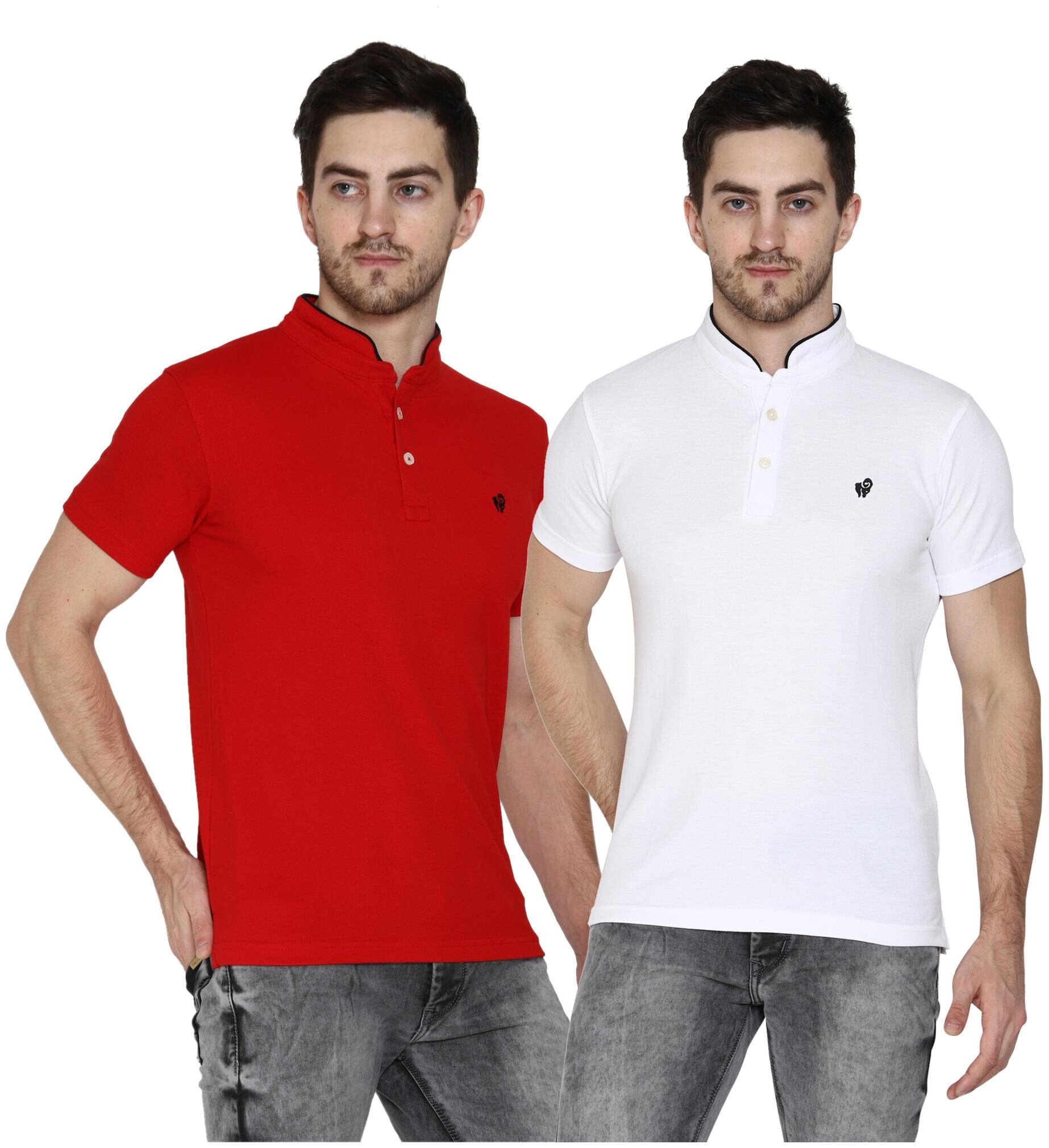 

ASPIRER Men Red White Regular fit Cotton Blend Mandarin collar T-Shirt - Pack Of 2