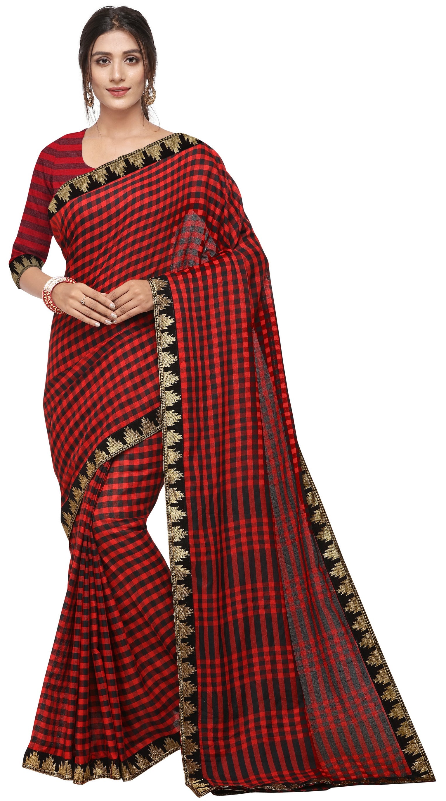 

Aspora Women Cotton Blend Checkered Red Black Regular Saree With Blouse