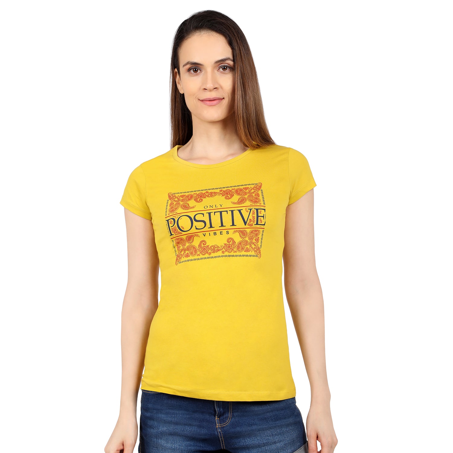 

Astron Women Yellow Regular fit Round neck Cotton T shirt