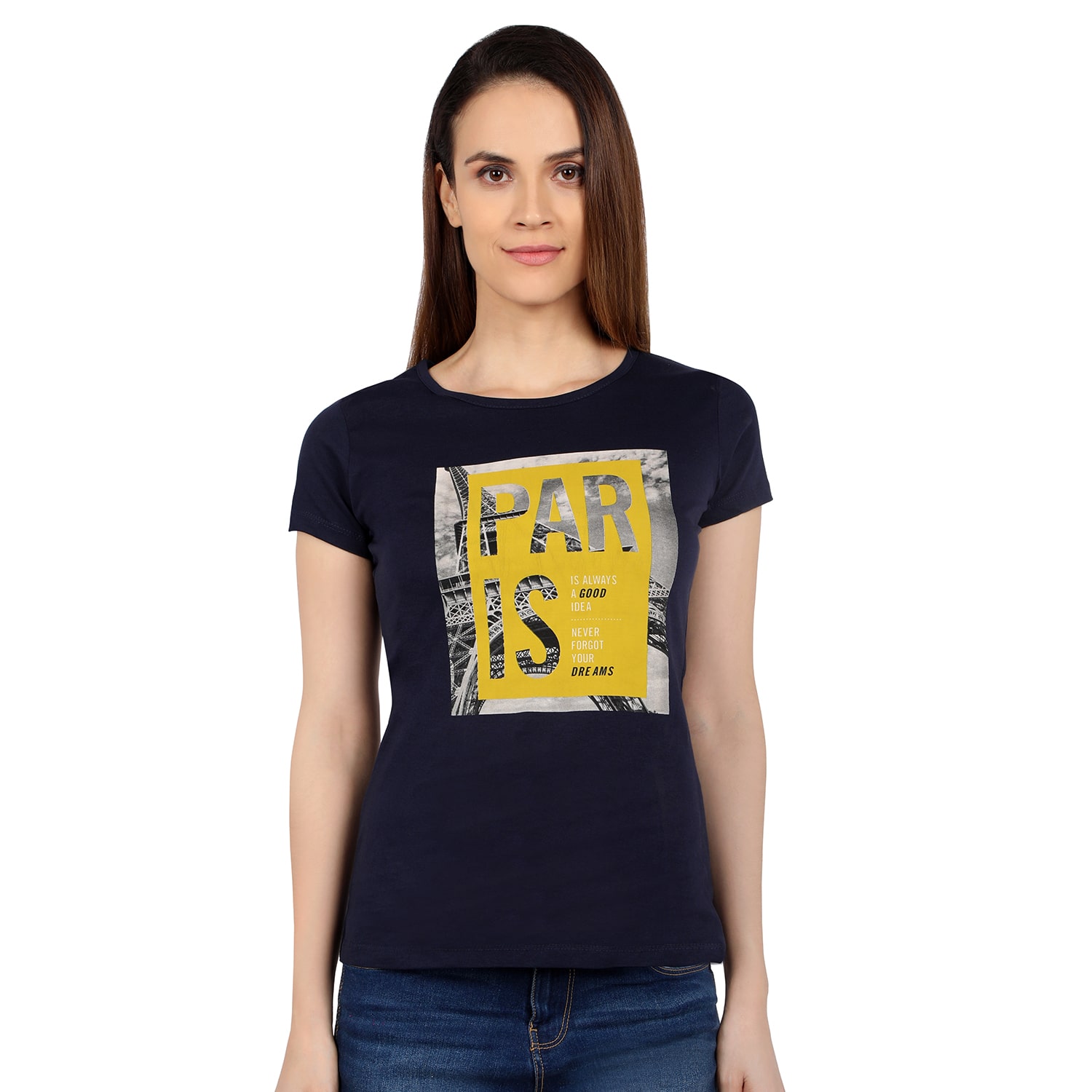 

Astron Women Cotton Graphic Navy Blue T Shirt