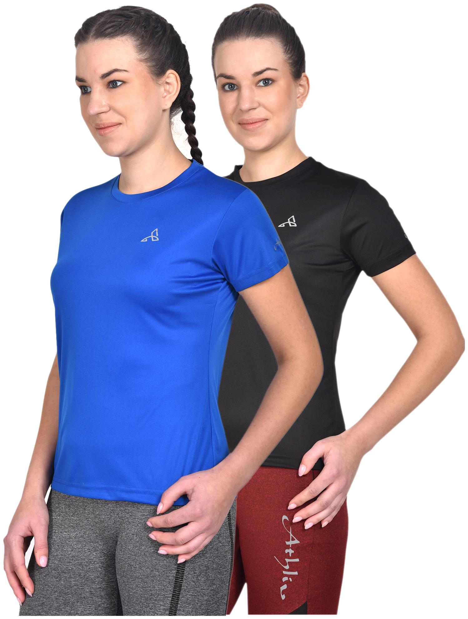 

Athliv Women Solid Sports T-Shirt - Black Blue Pack of 2
