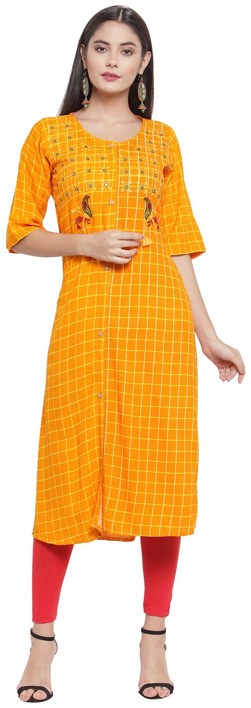 

Aujjessa Women Mustard Embroidered Straight Kurta