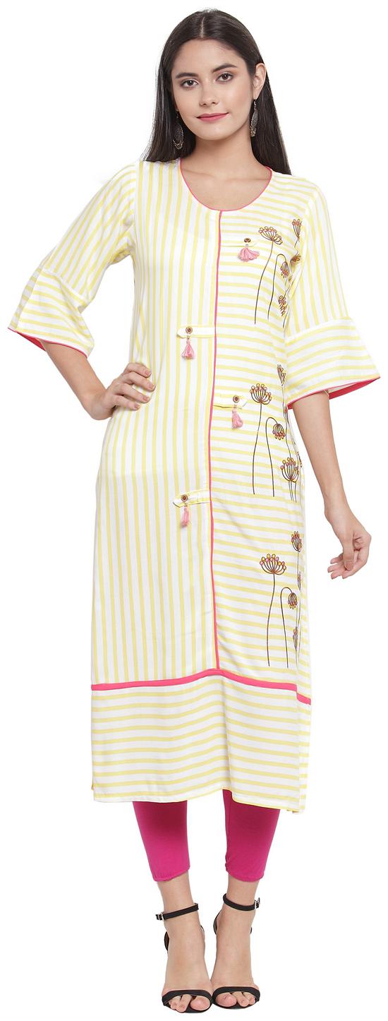 

Aujjessa Women Off White Yellow Embroidered Straight Kurta
