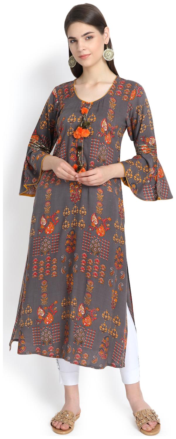 

Aujjessa Women Grey Printed Straight Kurta