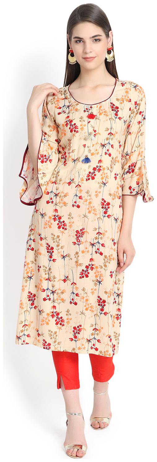 

Aujjessa Women Beige Printed Straight Kurta