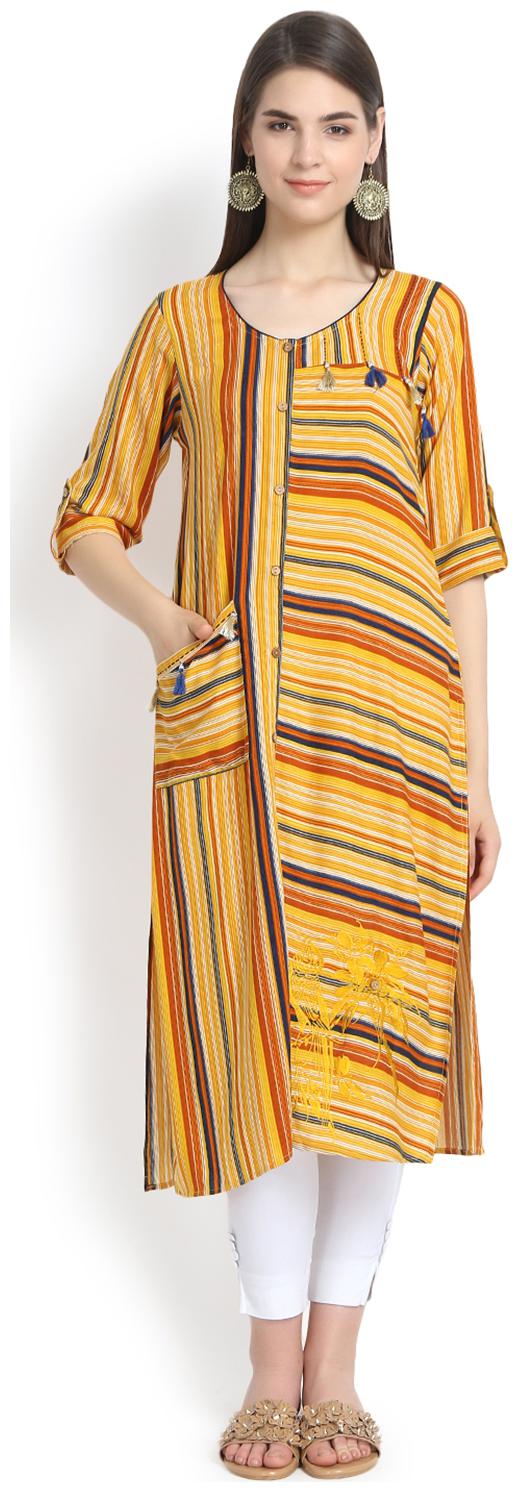 

Aujjessa Women Yellow Striped Straight Kurta