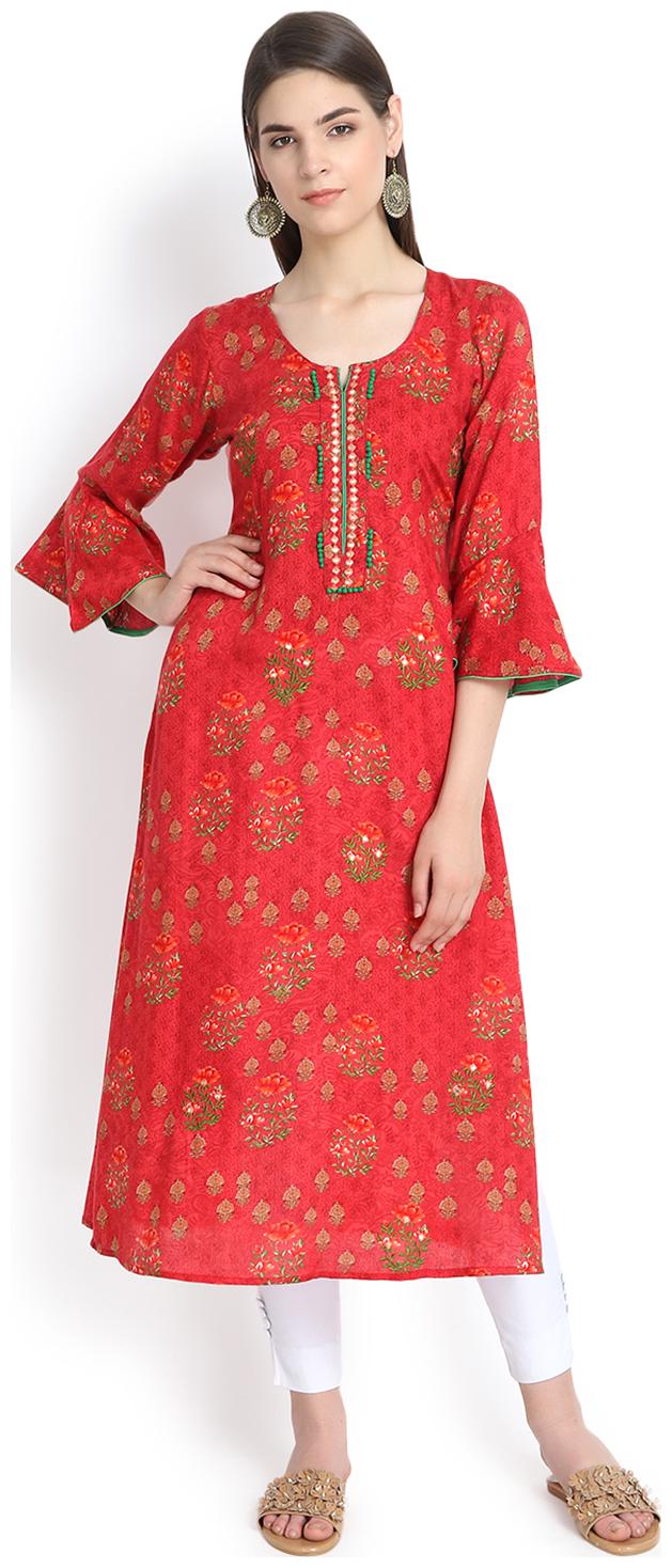

Aujjessa Women Red Printed Straight Kurta