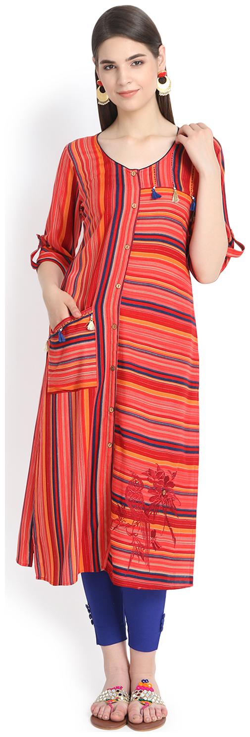 

Aujjessa Women Red Striped Straight Kurta