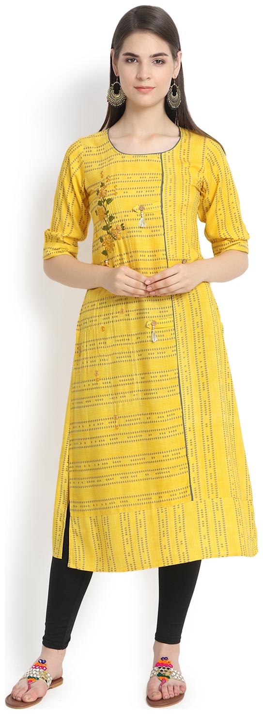 

Aujjessa Women Yellow Embroidered Straight Kurta