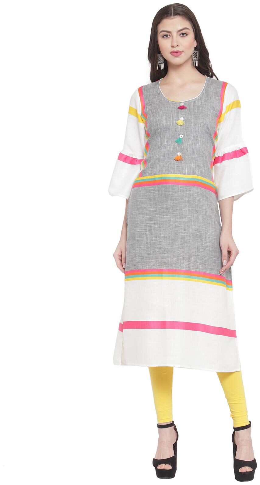 

Aujjessa Women Grey Striped Straight Kurta
