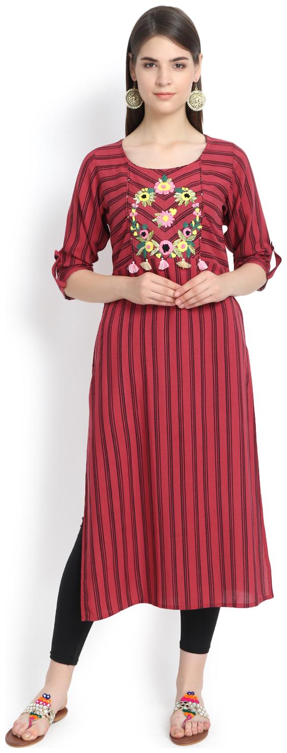 

Aujjessa Women Maroon Embroidered Straight Kurta