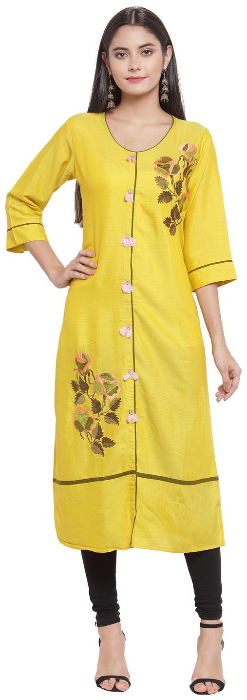 

Aujjessa Women Yellow Embroidered Straight Kurta