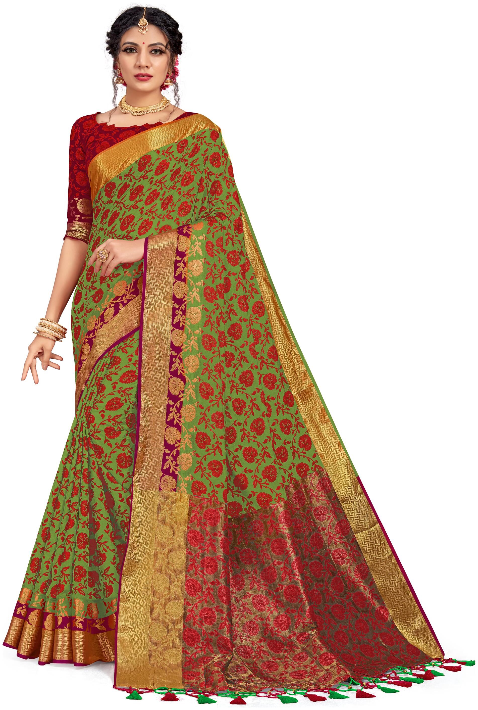 

Aurima Banarasi Silk Floral Saree For Women (Green)