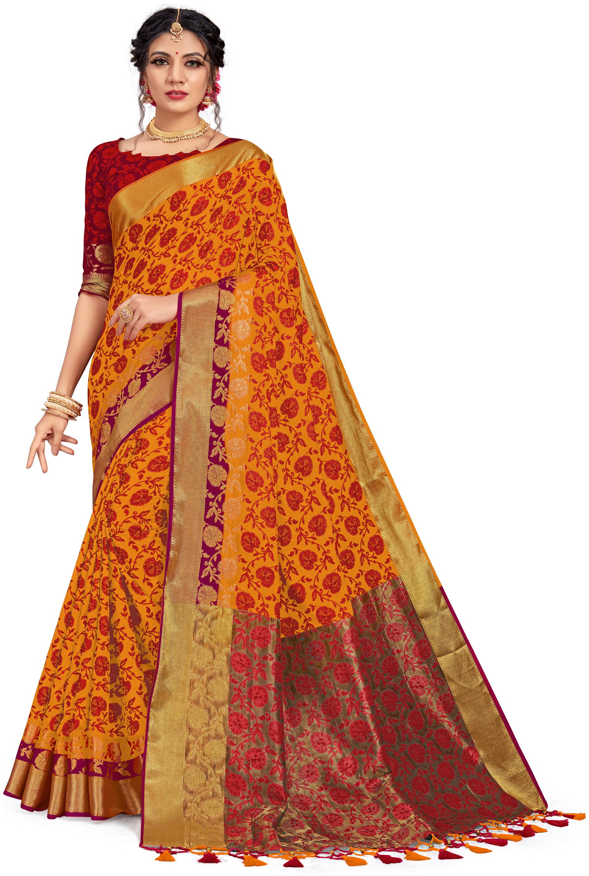 

Aurima Banarasi Silk Floral Saree For Women (Yellow)