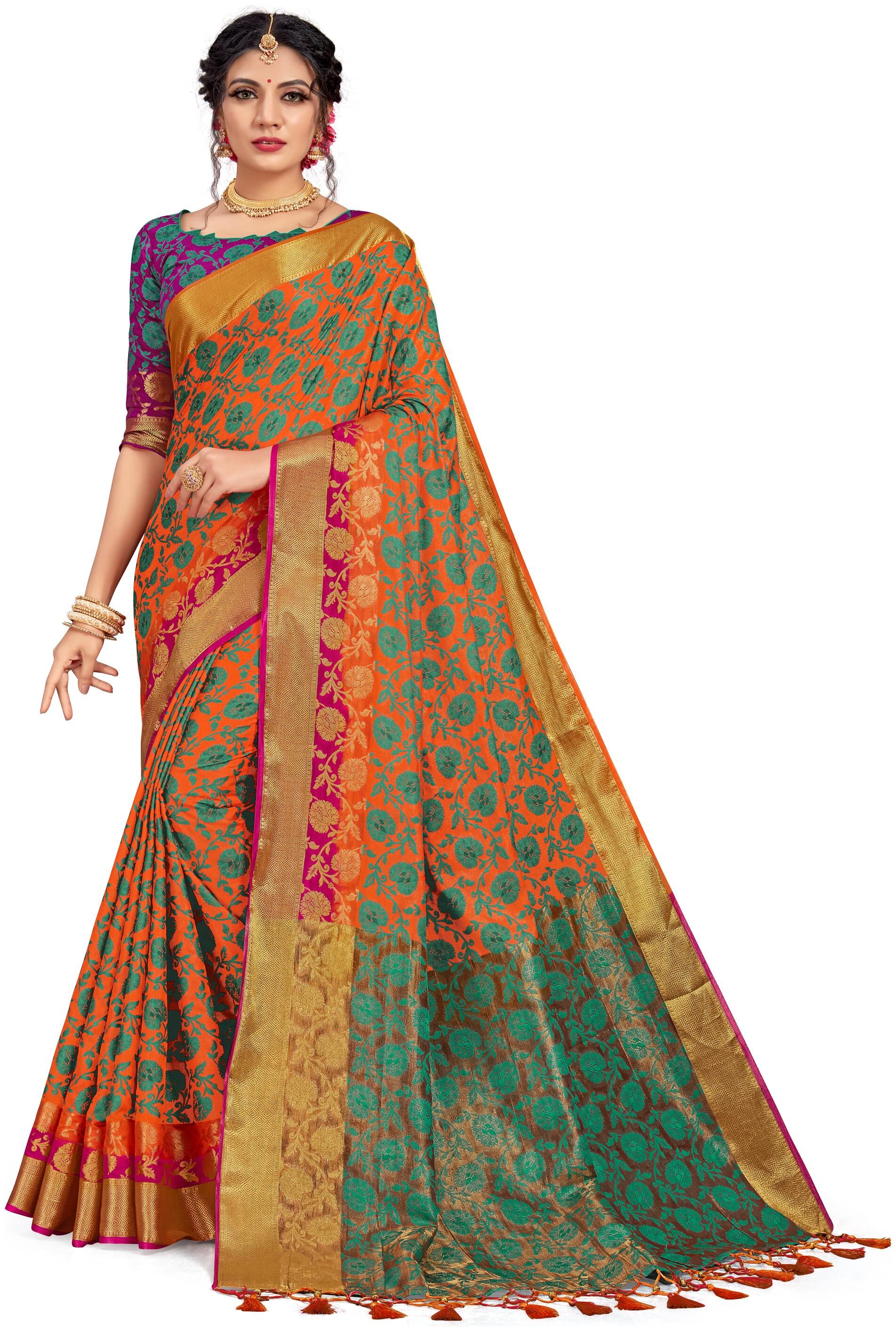 

Aurima Banarasi Silk Woven Saree For Women (Orange)