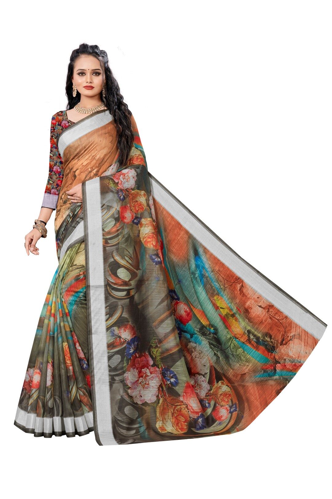 

AURIMA Cotton Multi Floral Regular Saree For Women
