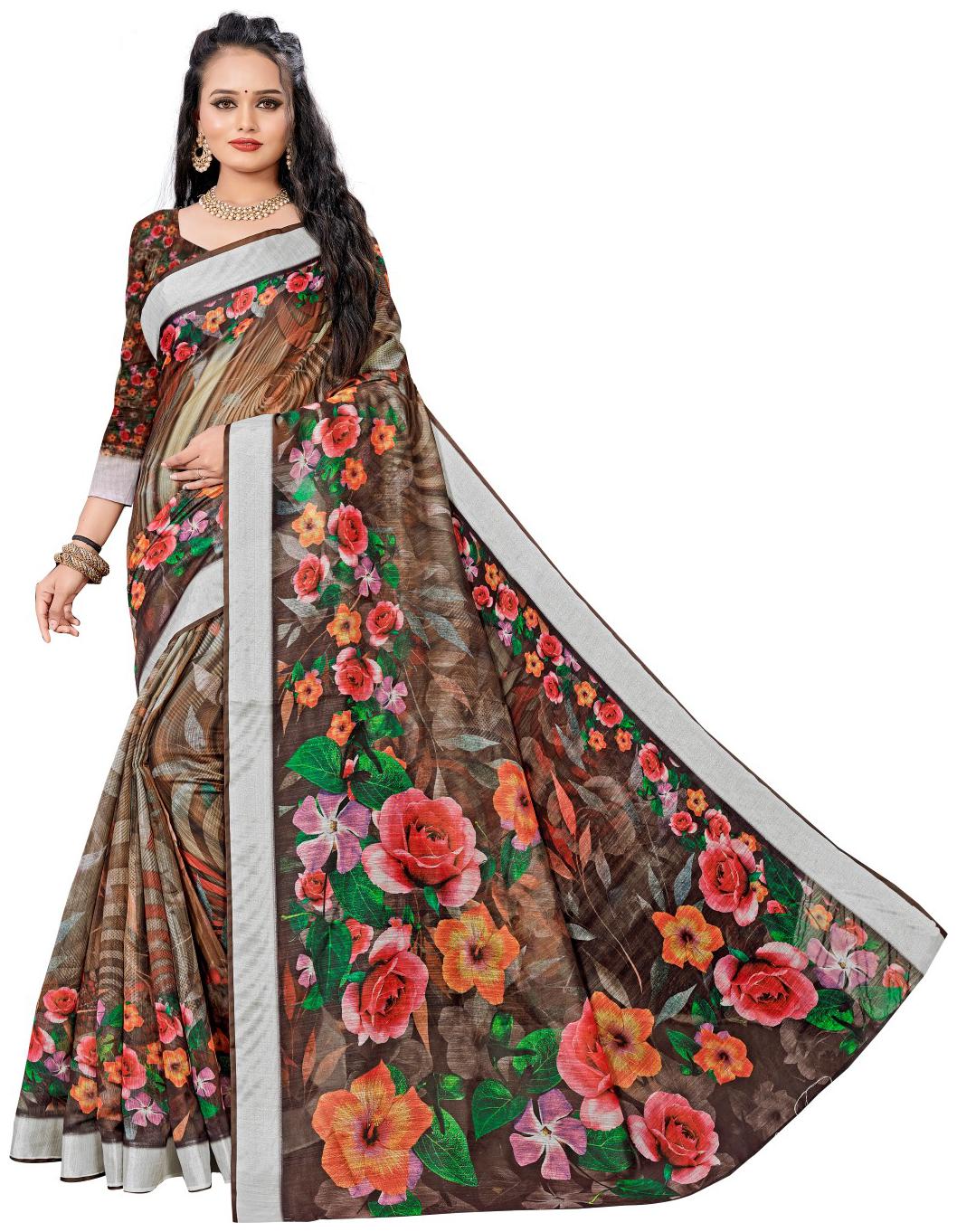 

AURIMA Cotton Brown Floral Regular Saree For Women