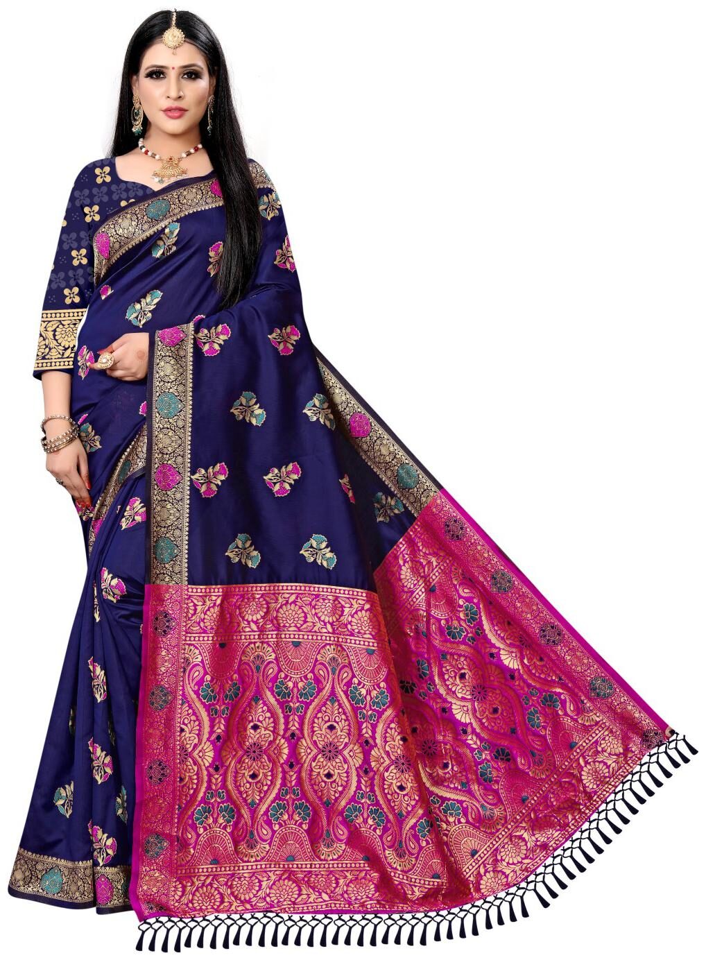 

Aurima Lichi Silk Floral Designer Saree For Women (Navy Blue)