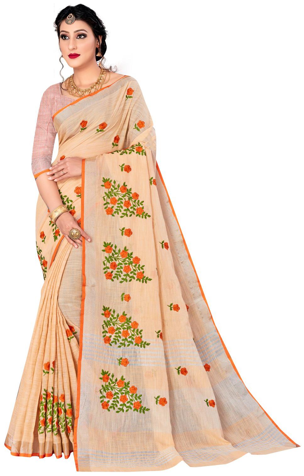 

Aurima Linen Cotton Embroidered Regular Saree For Women (Beige Orange)