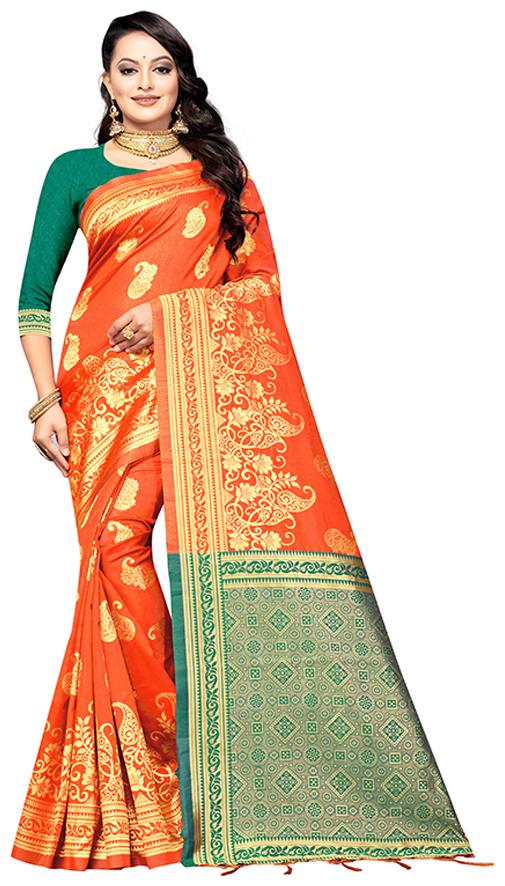 

Aurima Soft Banarasi Silk Foil Woven Saree For Women (Orange)